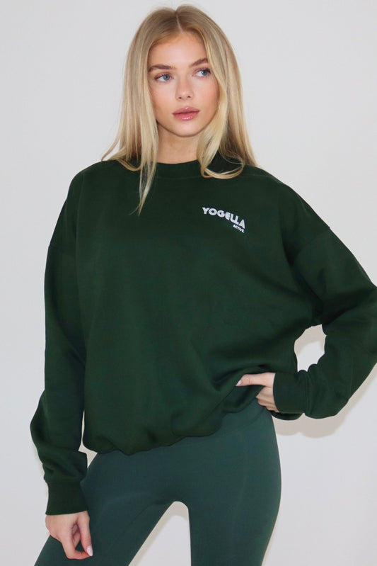 Oversized Yogella Crew Neck Sweatshirt- Forest Green